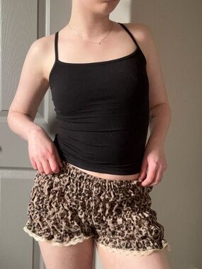 Brown Leopard Print Lace Trim Festival Shorts Y2K Coquette Concert Shorts S